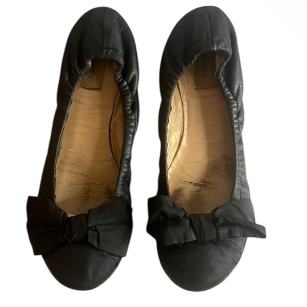 Authentic Valentino luxury designer black leather bow ballet flats sz 7 Euro 37 - Picture 6 of 12